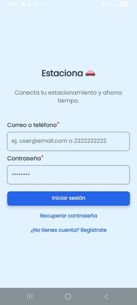 Pantalla de inicio se sesión